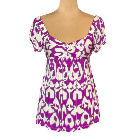 VTG Y2K Babydoll Top Sz.M Ikat Print Short Puff Sleeve Boho Coquette Festival - Picture 1 of 10